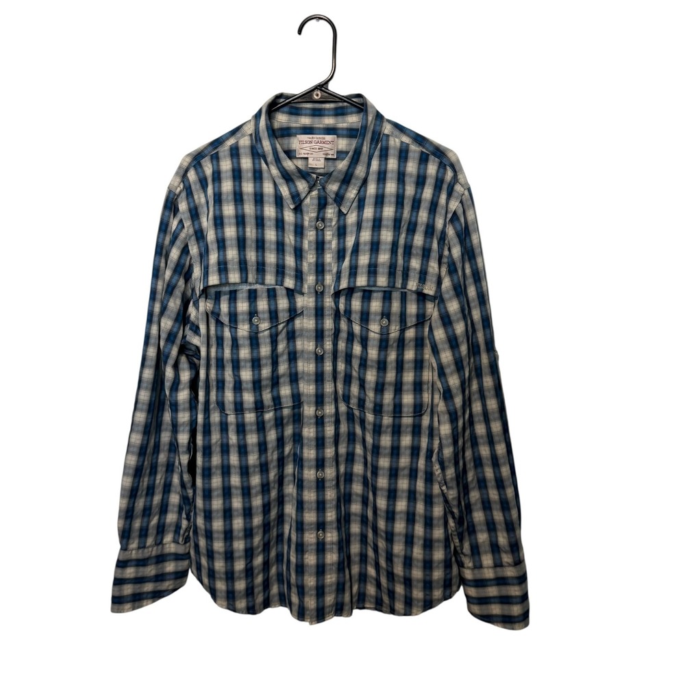 Filson Shirt Mens Large Blue Beige Plaid Angler Vented Mesh Fishing Performance